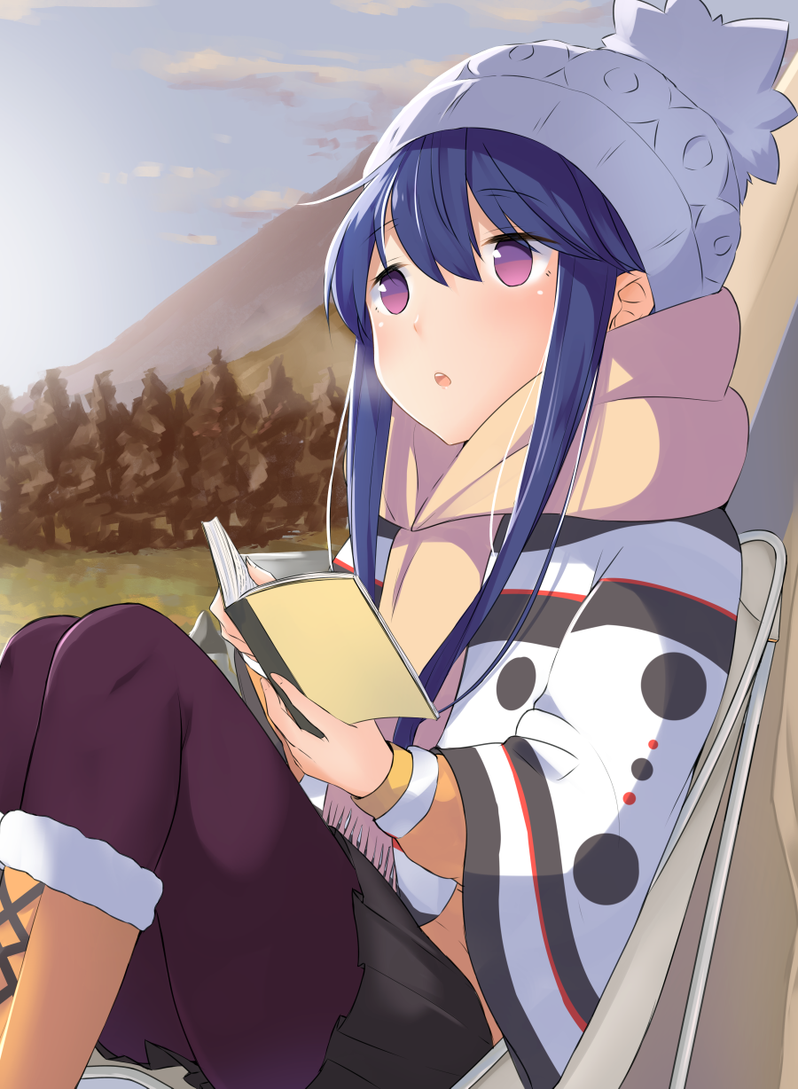 1girl 53c_(ray_cordova) :o beanie beige_scarf black_skirt blue_hair blue_sky blush book boots cloud commentary day female_focus fringe_trim fur-trimmed_boots fur_trim hair_between_eyes hat highres holding holding_book jacket knee_boots lace-up_boots long_hair long_sleeves looking_away open_book outdoors pantyhose parted_lips pine_tree pleated_skirt purple_eyes purple_pantyhose scarf shima_rin sidelocks sitting skirt sky solo teeth tree upper_teeth_only white_hat yurucamp