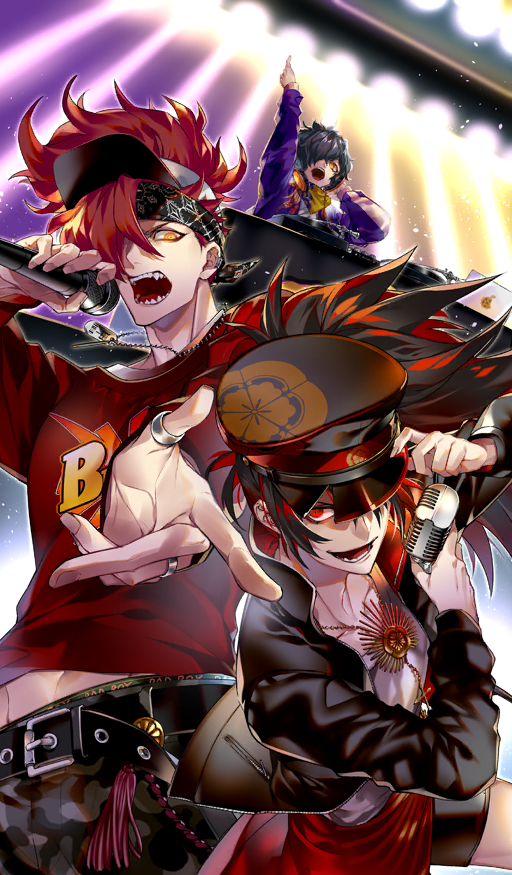 3boys adjusting_clothes adjusting_headwear arm_above_head bandana bandana_around_neck belt belt_buckle black_belt black_hair black_hairband black_hat black_jacket black_shorts blurry blurry_background buckle buster_shirt camouflage camouflage_pants cape commentary dj dog_tags dynamic_pose fate/grand_order fate_(series) from_below gold_necklace grey_pants hair_over_one_eye hairband hand_on_headphones hand_on_headwear hat headphones headphones_around_neck holding holding_microphone jacket jewelry kikumon long_hair long_sleeves male_focus microphone midriff_peek mori_nagayoshi_(fate) multiple_boys multiple_rings navel necklace oda_kippoushi_(fate) oda_nobunaga_(fate) oda_uri official_alternate_costume official_art okada_izou_(fate) one_eye_covered open_clothes open_jacket open_mouth pants peaked_cap phonograph pointing ponytail purple_jacket rap_battle red_cape red_eyes red_hair red_shirt ring sharp_teeth shirt short_hair shorts sidelocks tassel teeth third-party_source thumb_ring turntable uehara_hachi vintage_microphone visor_cap waist_cape white_shirt yellow_bandana yellow_eyes zipper