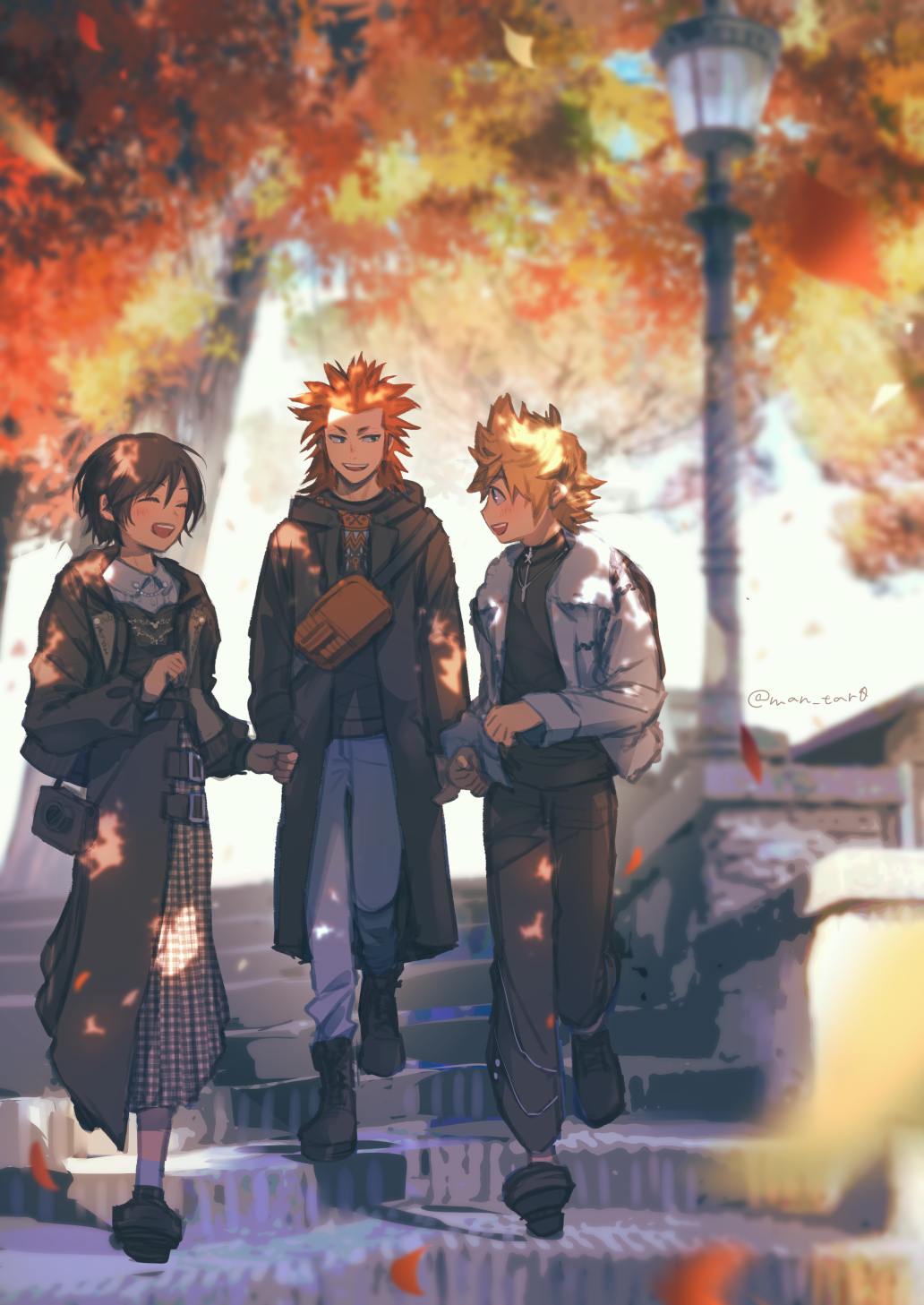1girl 2boys autumn_leaves axel_(kingdom_hearts) black_coat black_footwear black_hair black_panties blonde_hair blurry blurry_background boots closed_eyes coat collared_shirt full_body grey_jacket grey_pants hair_between_eyes hair_slicked_back highres jacket kingdom_hearts lamppost leaf long_coat looking_at_another man_tar0 medium_hair multiple_boys open_mouth outdoors panties pants red_hair roxas shirt short_hair smile spiked_hair stairs sweater tree underwear xion_(kingdom_hearts)