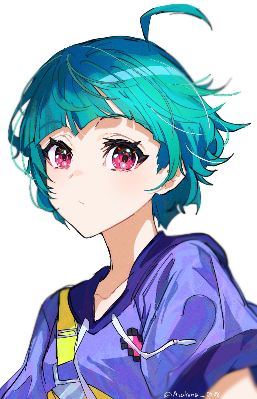 1girl ahoge asahina_(asahina_0428) blue_hair blunt_bangs closed_mouth commentary_request drawstring highres hood hood_down hoodie looking_at_viewer mika_pikazo_(style) omega_auru pretty_series purple_hoodie short_hair short_sleeves simple_background solo upper_body waccha_primagi! white_background wind