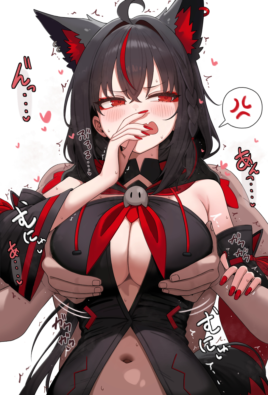 1boy 1girl ahoge anger_vein animal_ear_fluff animal_ear_piercing animal_ears black_hair black_sleeves black_vest blush braid breasts cleavage clothed_female_nude_male commentary covering_own_mouth crossed_bangs detached_sleeves double-parted_bangs extra_ears fang fox_ears fox_girl fox_tail front_slit grabbing_another&#039;s_breast grabbing_from_behind groping hair_between_eyes hand_up hetero highres hololive hood hooded_vest hoodie kurokami_fubuki large_breasts long_hair low_ponytail motion_lines multicolored_hair nail_polish navel neckerchief nude open_mouth paid_reward_available ponytail red_eyes red_hair red_nails red_neckerchief shiroi_yoru side_braid simple_background single_braid skin_fang spoken_anger_vein streaked_hair tail very_long_hair vest virtual_youtuber white_background wide_sleeves