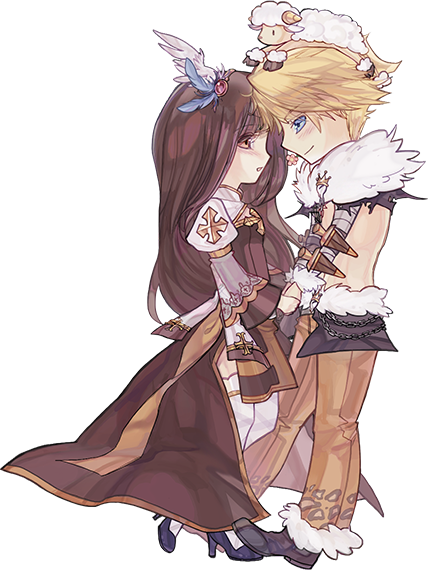 1boy 1girl amistr_(ragnarok_online) animal_print arch_bishop_(ragnarok_online) black_cape black_shoes blonde_hair blue_eyes breasts brown_dress brown_eyes brown_hair brown_pants cape chain cinlee cleavage_cutout closed_mouth clothing_cutout commentary commission couple cross dress english_commentary full_body fur-trimmed_pants fur_collar fur_trim hetero holding_hands juliet_sleeves leopard_print long_hair long_sleeves looking_at_another open_mouth pants puffy_sleeves ragnarok_online shadow_chaser_(ragnarok_online) sheath shoes short_hair shrug_(clothing) simple_background small_breasts smile standing stuffed_animal stuffed_sheep stuffed_toy thighhighs two-tone_dress waist_cape white_dress white_thighhighs