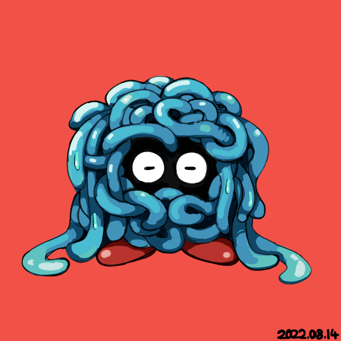 2022 animal_focus dated facing_viewer full_body gen_1_pokemon moss_waniwa nintendo no_humans orange_background plant plant_monster pokemon pokemon_(creature) simple_background solo standing tangela tentacles vines