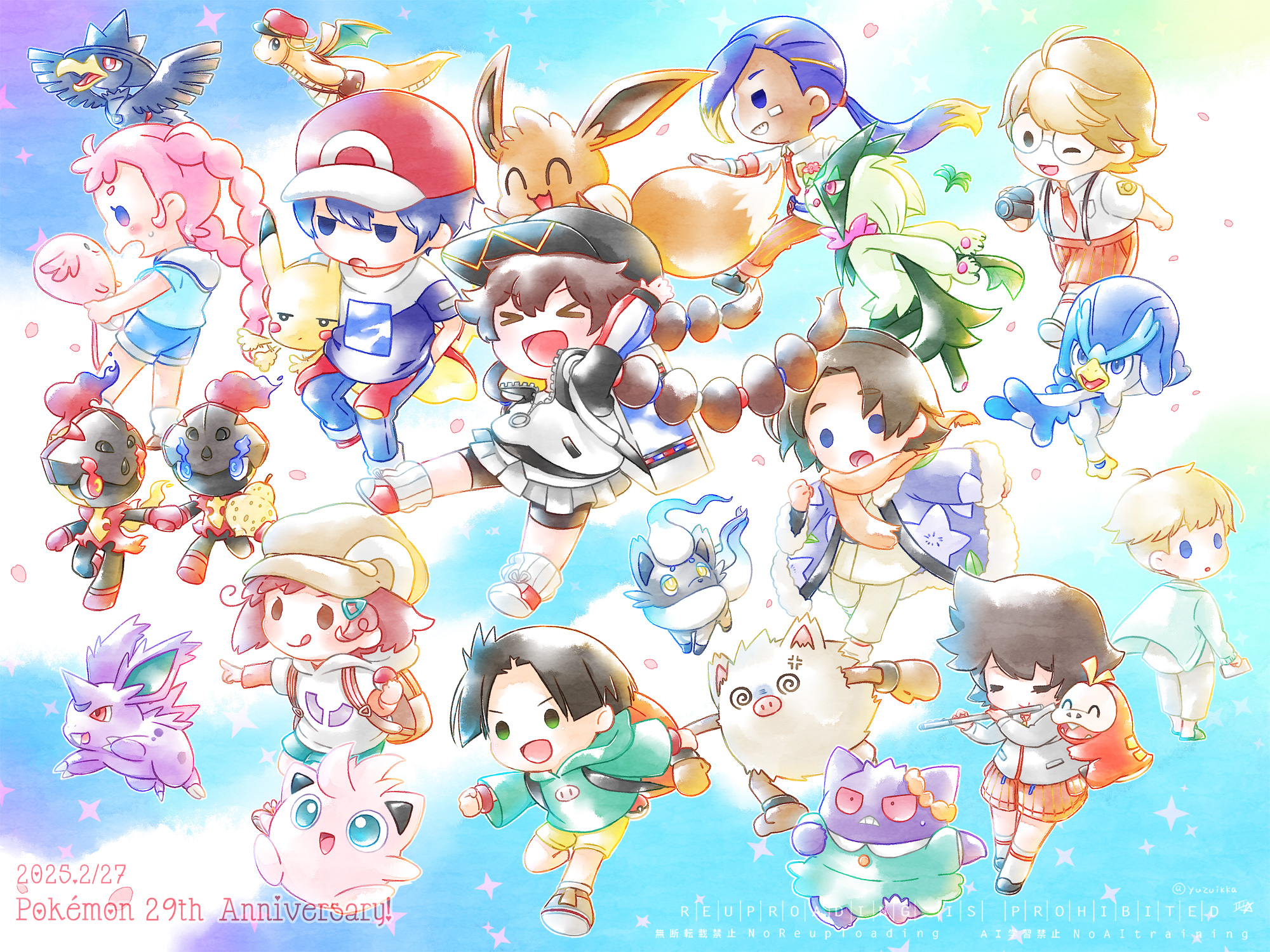 >_< 4girls 6+boys :3 :o :q ;d @_@ ^_^ alec_(pokemon) aliquis_(pokemon) alternate_color anger_vein anniversary arm_up bag bandaid bandaid_on_face baseball_cap berry_(pokemon) black_hat black_shoes blonde_hair blossom_(pokemon) blue_coat blue_dress blue_eyes blue_hair blue_pants blue_shirt blue_shorts blush braid brown_bag brown_hair brown_hat camera charcadet clenched_hand closed_eyes coat commentary_request copyright_name dark-skinned_male dark_skin dated dragonite dress eevee eyelashes flute flying food fruit gen_1_pokemon gen_2_pokemon gengar glasses gotcha! gotcha!_boy_(pokemon) gotcha!_girl_(pokemon) green_eyes green_hoodie grey_jacket half-closed_eyes hat highres hilary_(pokemon) hisuian_zorua hohma_(pokemon) holding holding_another's_wrist holding_camera holding_flute holding_food holding_fruit holding_instrument holding_letter holding_poke_ball hood hood_down hoodie horns instrument jacket john_(pokemon) letter long_hair long_sleeves looking_at_another looking_back mailbag meg_(poketoon) meowscarada multicolored_hair multiple_boys multiple_girls murkrow naranja_academy_school_uniform necktie nidoran nidoran_(male) nintendo ohara_(pokemon) on_head on_shoulder one_eye_closed open_clothes open_coat open_mouth orange_bag orange_necktie orange_pants orange_scarf orange_shorts pants pikachu pink_eyes pink_hair pink_petals playing_flute playing_instrument pointing poke_ball poke_ball_(basic) pokemon pokemon:_hisuian_snow pokemon:_paldean_winds pokemon:_twilight_wings pokemon_(anime) pokemon_(creature) pokemon_day pokemon_on_head pokemon_on_shoulder poketoon ponytail primeape quaxwell red_eyes red_hat red_shoes round_eyewear samsung_(yuzuikka) scarf school_uniform shiny_and_normal shiny_pokemon shirt shoes short_hair short_sleeves shorts single_horn sitrus_berry skirt smile socks sparkle suspenders sweatdrop teeth tongue tongue_out twin_braids twitter_username two-tone_hair white_hoodie white_pants white_shirt white_skirt white_socks yellow_shorts