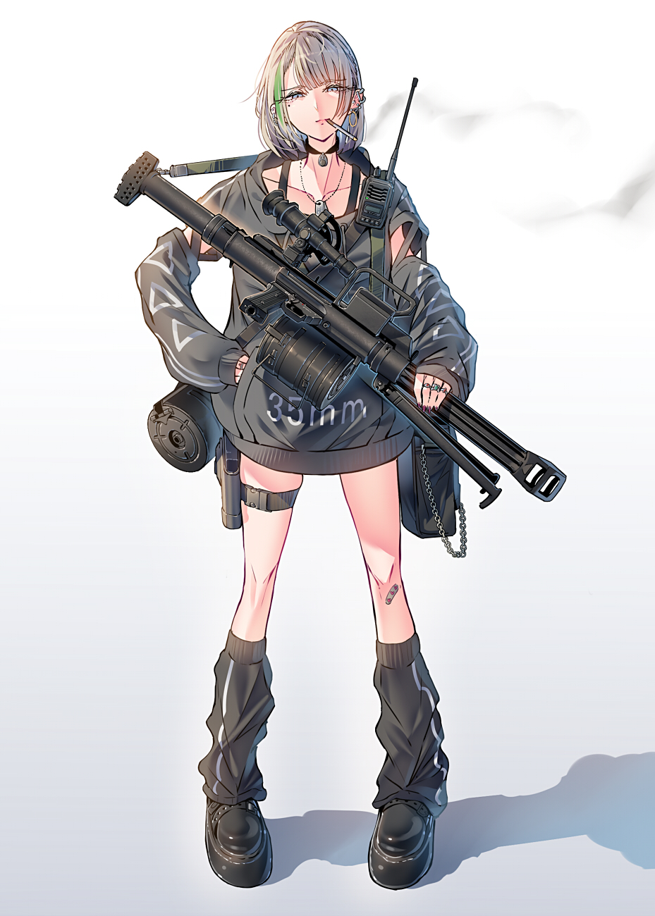 1girl automatic_grenade_launcher bandaid bipod black_boots blue_eyes boots chain cigarette collar daito dog_tags drum_magazine full_body green_hair grenade_launcher gun guns_x_girls guns_x_girls_+_b handgun high-capacity_magazine highres holding holding_gun holding_weapon holster jacket jewelry long_gun magazine_(weapon) multicolored_hair nail_polish necklace norinco_(firearms_manufacturer) original pistol qlz-87 ring scope shadow simple_background smoke smoking solo standing two-tone_hair walkie-talkie weapon weapon_focus white_background white_hair xiafeng_machinery