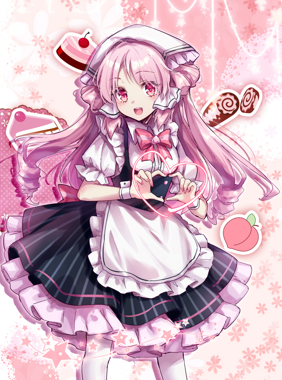 1girl akinomiya_asuka alternate_costume black_skirt cake collared_shirt commentary_request cowboy_shot enmaided food frilled_skirt frills fruit heart heart_hands highres long_hair maid neck_ribbon open_mouth original pantyhose peach pink_eyes pink_hair pink_ribbon pink_theme puffy_short_sleeves puffy_sleeves ribbon riverbed_soul_saver shirt short_sleeves skirt smile solo striped_clothes striped_skirt suspender_skirt suspenders touhou vertical-striped_clothes vertical-striped_skirt white_headwear white_pantyhose white_shirt yamatoyo_no_momohime