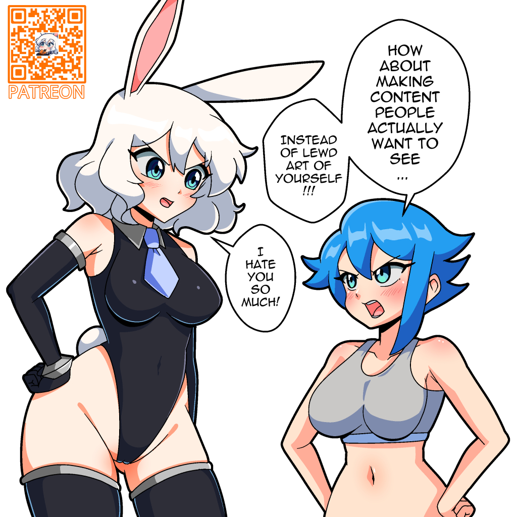 2girls acefish angry armpit_crease bare_shoulders black_gloves black_leotard black_thighhighs blue_eyes blue_hair breasts english_text gloves green_eyes hair_between_eyes hands_on_own_hips height_difference large_breasts leotard mary_(acefish) multiple_girls navel necktie open_mouth original personification playboy_bunny rabbit_ears rabbit_girl short_hair speech_bubble sports_bra teeth thighhighs thighs twitter twitter_bird upper_teeth_only white_background white_hair