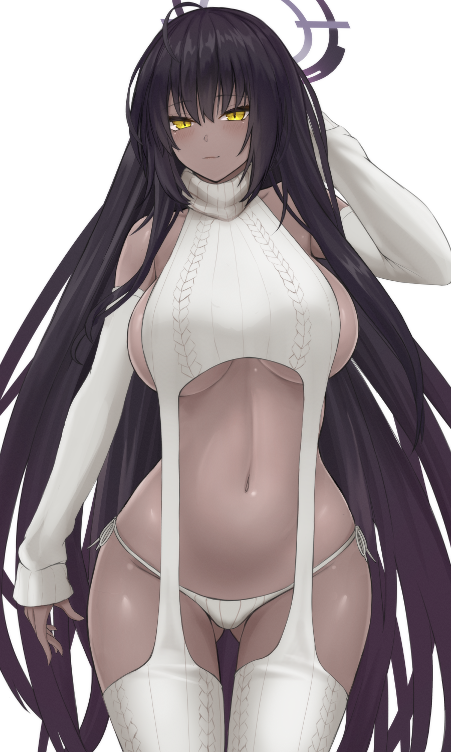 1girl alternate_costume bare_shoulders black_hair blue_archive blush breasts closed_mouth cowboy_shot detached_sleeves halo hand_up highres karin_(blue_archive) large_breasts long_hair long_sleeves looking_at_viewer meme_attire navel panties side-tie_panties sideboob simple_background smile solo stomach sweater turtleneck turtleneck_sweater underwear vik_(xypt7474) virgin_destroyer_sweater white_background white_panties yellow_eyes