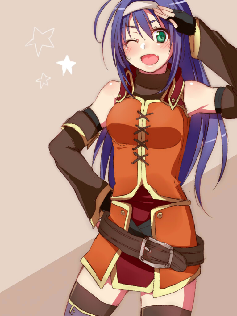 1girl bare_shoulders breasts dress fingerless_gloves fire_emblem fire_emblem:_radiant_dawn gloves green_eyes hairband long_hair medium_breasts mia_(fire_emblem) nintendo one_eye_closed open_mouth orange_dress purple_hair smile solo white_hairband yuki_(sumaburalove)