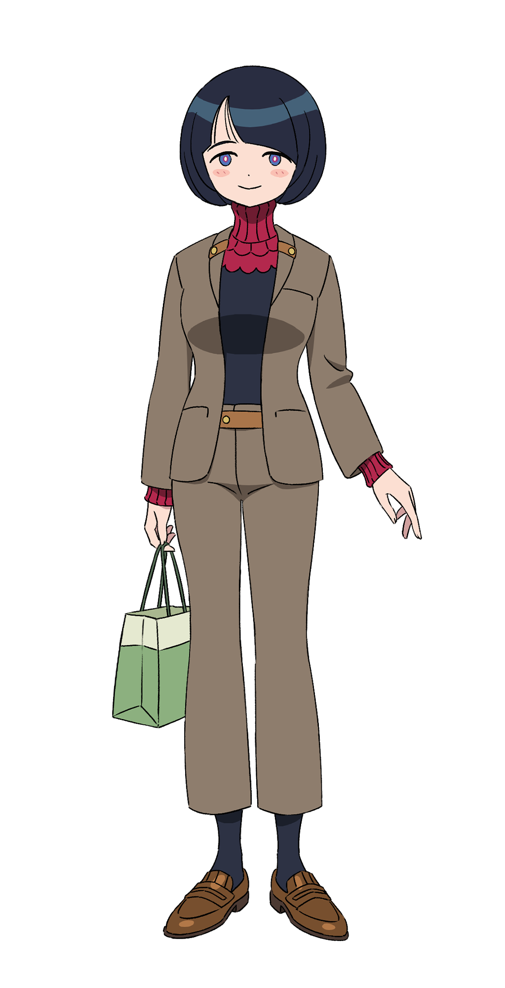 1girl bag belt black_hair brown_shoes brown_suit formal_clothes full_body gundam gundam_gquuuuuux highres holding holding_bag loafers looking_at_viewer official_art pant_suit pants purple_eyes ribbed_shirt shiiko_sugai shirt shoes shopping_bag short_hair simple_background smile solo standing suit transparent_background turtleneck