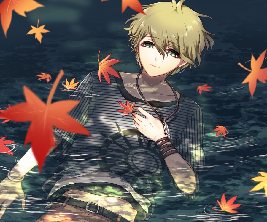 1boy amami_rantaro autumn_leaves belt belt_buckle black_belt blue_shirt bracelet brown_bracelet brown_pants buckle closed_mouth collarbone cowboy_shot danganronpa_(series) danganronpa_v3:_killing_harmony eyelashes falling_leaves fingernails green_eyes green_hair hair_between_eyes hand_on_own_chest holding holding_leaf jewelry leaf long_sleeves lying male_focus midriff_peek multiple_bracelets on_back pants partially_submerged pendant river shirt short_hair three-quarter_sleeves smile solo striped_clothes striped_shirt utou_(utousan) vertical-striped_sleeves white_undershirt