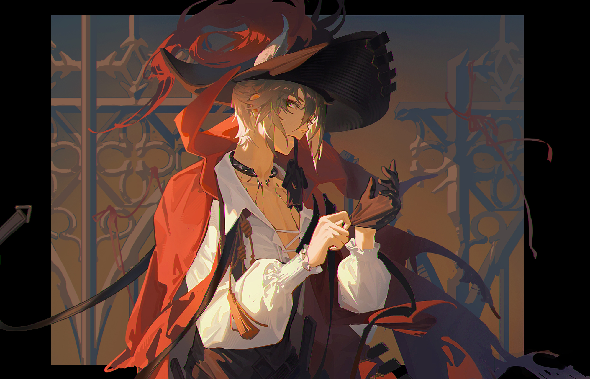 1boy adjusting_clothes adjusting_gloves animal_ears architecture arknights black_gloves black_headwear border brown_vest cape cat_ears commentary ears_through_headwear fence frown glove_in_mouth gloves gothic_architecture grey_hair head_tilt highres infection_monitor_(arknights) iron_fence looking_at_viewer male_focus material_growth mouth_hold open_clothes open_shirt oripathy_lesion_(arknights) outdoors phantom_(arknights) phantom_(focus)_(arknights) puffy_sleeves red_cape shadow shirt short_hair sidelocks solo upper_body vest white_shirt yuyumu