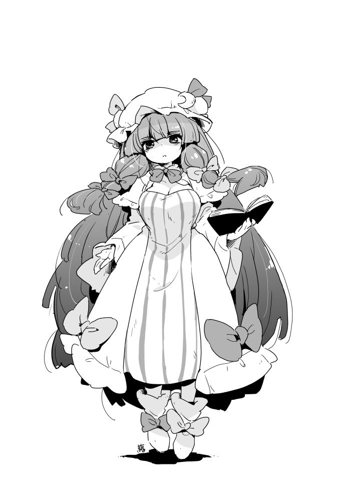 1girl blunt_bangs book boots bow breasts commentary_request crescent crescent_hat_ornament dress footwear_bow full_body greyscale hair_bow hat_ornament holding holding_book large_breasts long_hair long_sleeves looking_at_viewer monochrome patchouli_knowledge simple_background solo striped_clothes striped_dress tanasuke touhou very_long_hair white_background