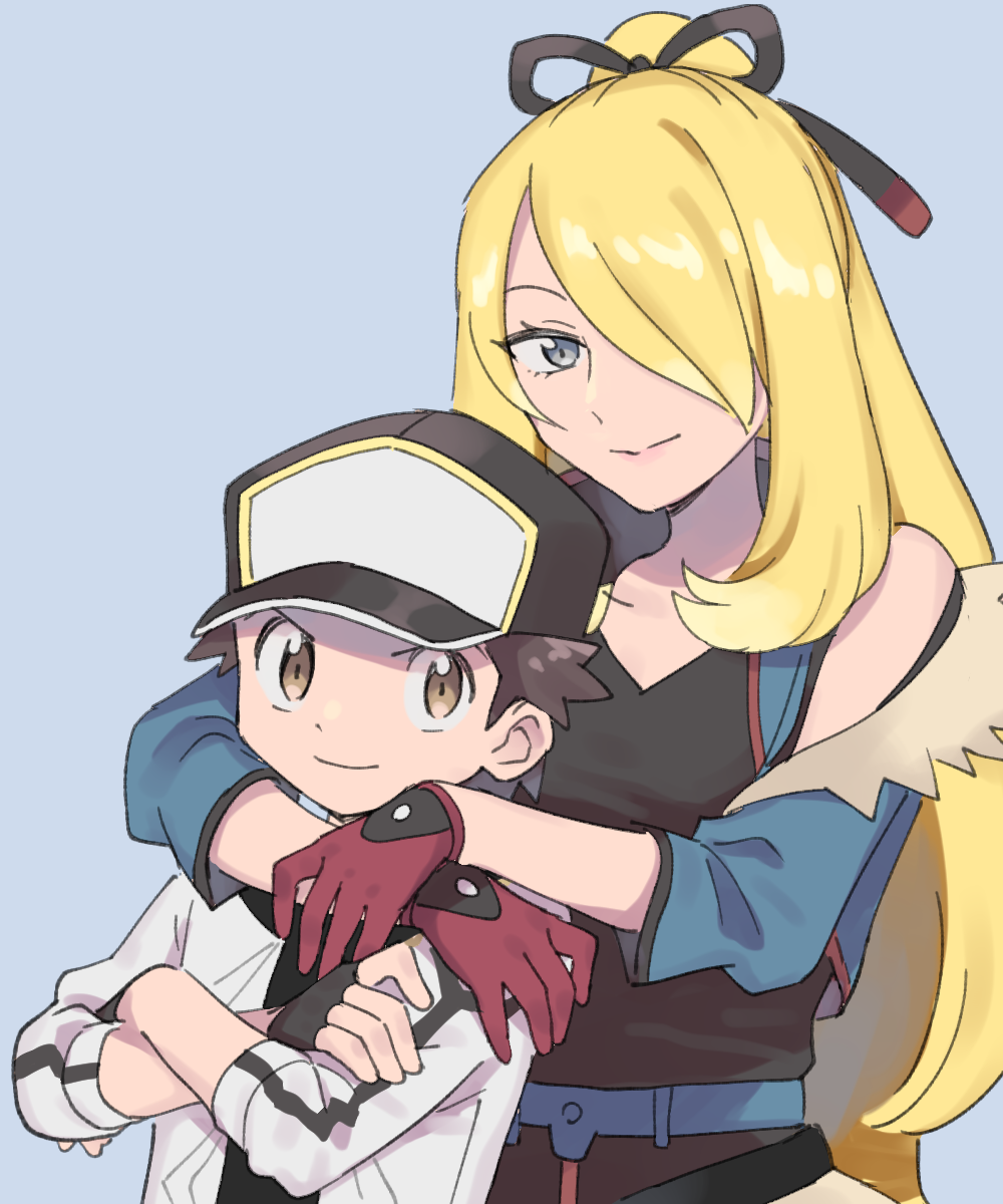 1boy 1girl baseball_cap blonde_hair blue_background brown_eyes brown_hair collarbone crossed_arms cynthia_(pokemon) cynthia_(sygna_suit)_(aura)_(pokemon) fingerless_gloves gloves grey_eyes hair_over_one_eye hat highres long_hair looking_at_viewer nintendo official_alternate_costume pokemon pokemon_masters_ex ponytail pumpkinpan red_(pokemon) red_(sygna_suit)_(thunderbolt)_(pokemon) red_gloves simple_background smile upper_body