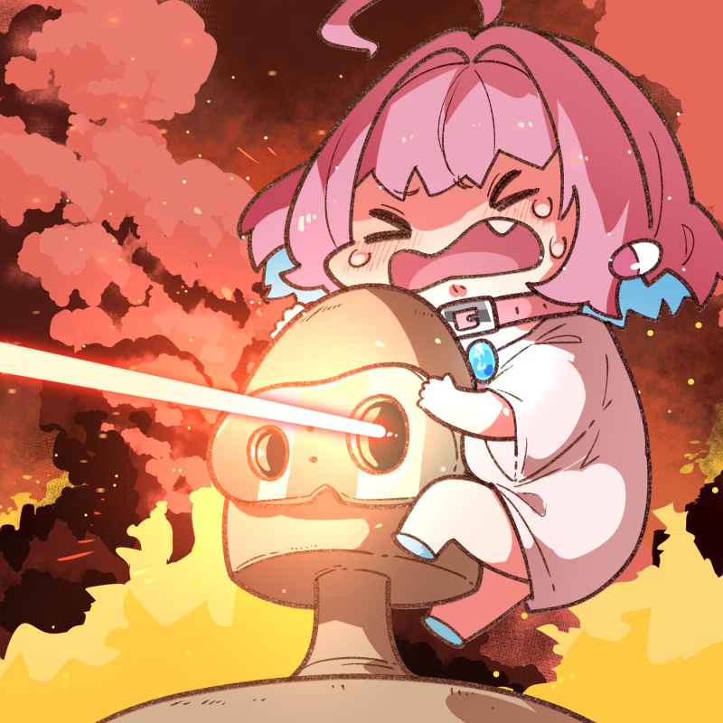 &gt;_&lt; 1girl ahoge belt_collar blush chibi clinging collar crossover earrings fang fire fire hair_intakes idolmaster idolmaster_cinderella_girls jewelry laputa_robot laser open_mouth pill_earrings pink_hair smoke sweat takato_kurosuke tenkuu_no_shiro_laputa yumemi_riamu