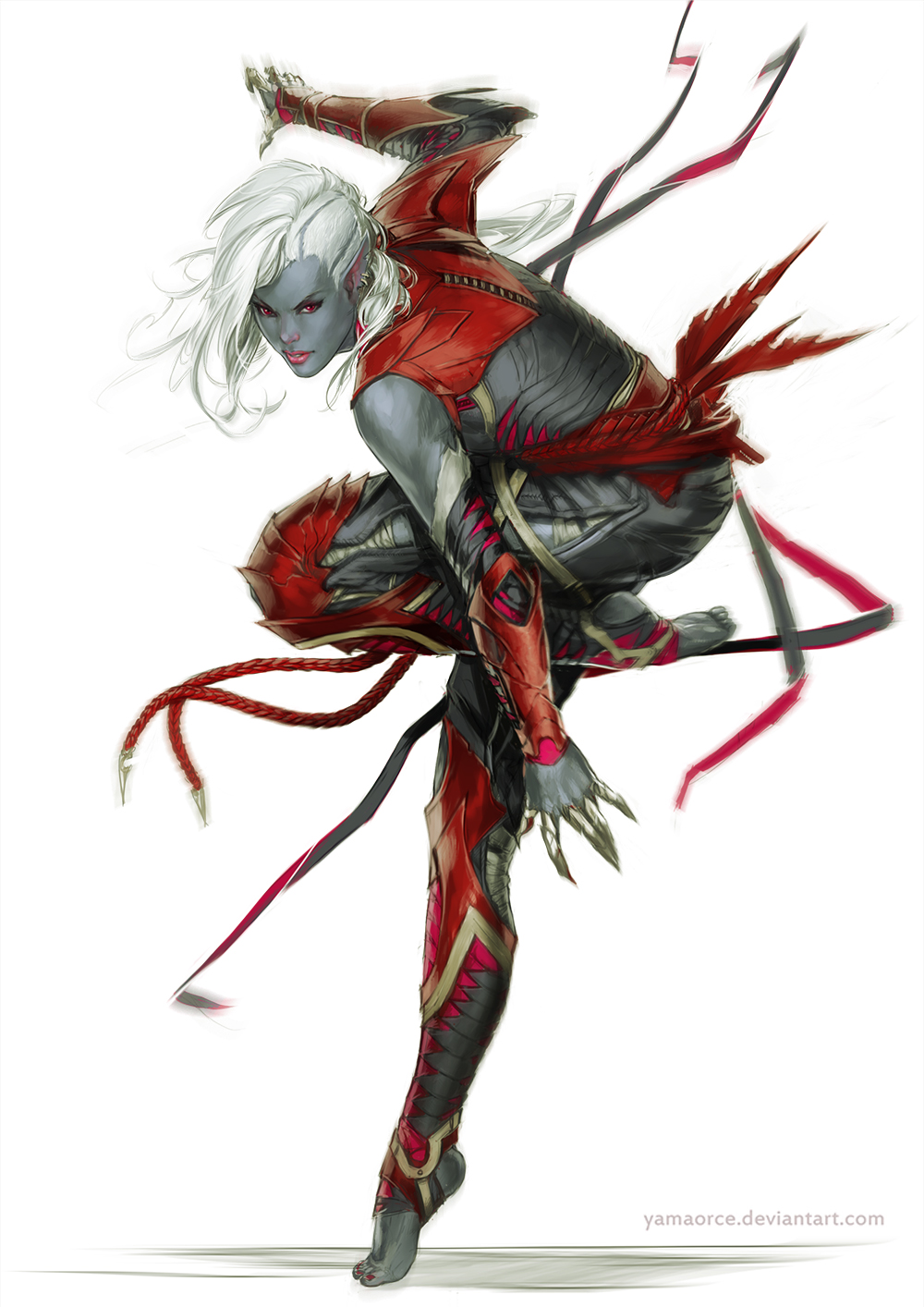 1girl armor claws colored_skin dark_elf deviantart_username dungeons_&amp;_dragons earrings elf full_body grey_skin highres jewelry medium_hair pathfinder pointy_ears red_eyes simple_background solo standing standing_on_one_leg tiptoes watermark web_address white_background white_hair yama_orce