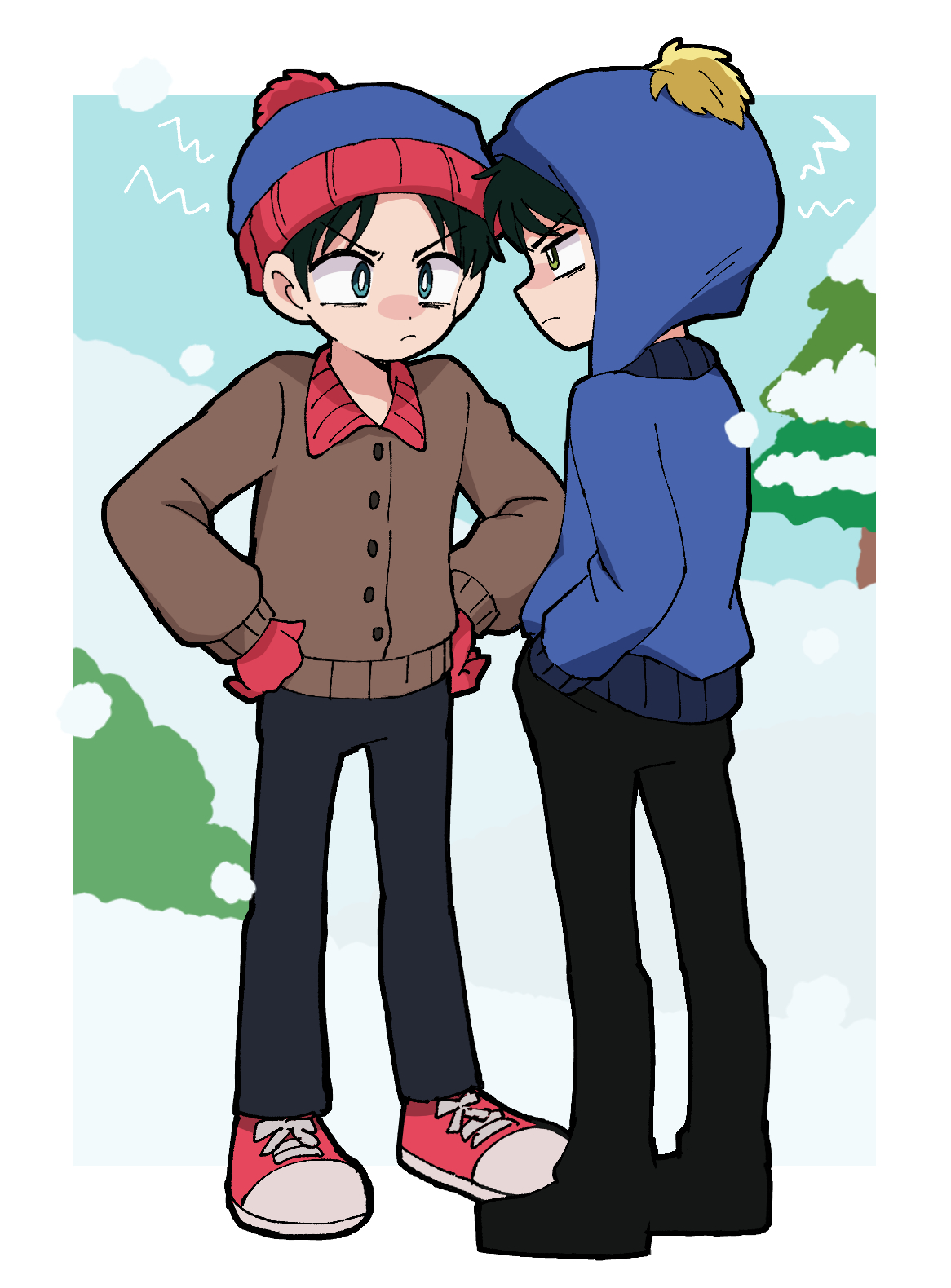 2boys animification beanie black_hair blue_eyes chullo craig_tucker full_body gloves green_eyes hand_in_pocket hands_on_own_hips hat highres jacket jitome kxh-hxk long_sleeves male_focus multiple_boys pants pom_pom_(clothes) pom_pom_beanie shoes short_hair sneakers snow snow_on_tree south_park stan_marsh tree v-shaped_eyebrows