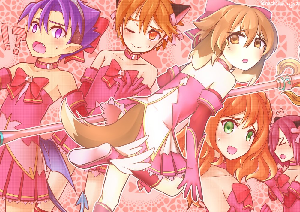 &gt;_&lt; 2girls 3boys alisa_kirsten animal_ears bad_id bad_twitter_id blush bow brown_hair cat_ears choker crossdressing demon_boy dog_boy dog_ears dog_tail double_bun closed_eyes fang from_behind green_eyes hair_between_eyes hair_bow hair_bun horns long_hair magical_girl multiple_boys multiple_girls no_nose one_eye_closed open_mouth orange_hair pleated_skirt pointy_ears pop-up_story purple_hair selim_spark short_hair skirt smile staff sweatdrop tail trap ursula_raiment wellow_ryu wings yuuri_lessen ziz_glover