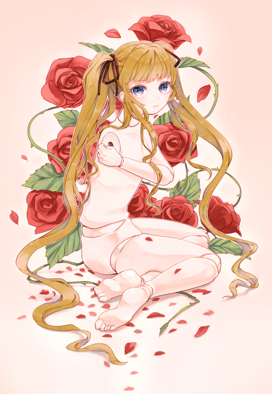 1girl 58_(scbaby) barefoot blonde_hair blue_eyes closed_mouth doll_joints flat_chest flower gradient_background joints long_hair missing_limb nude petals pink_background red_flower red_rose rose rose_petals rozen_maiden shinku solo twintails