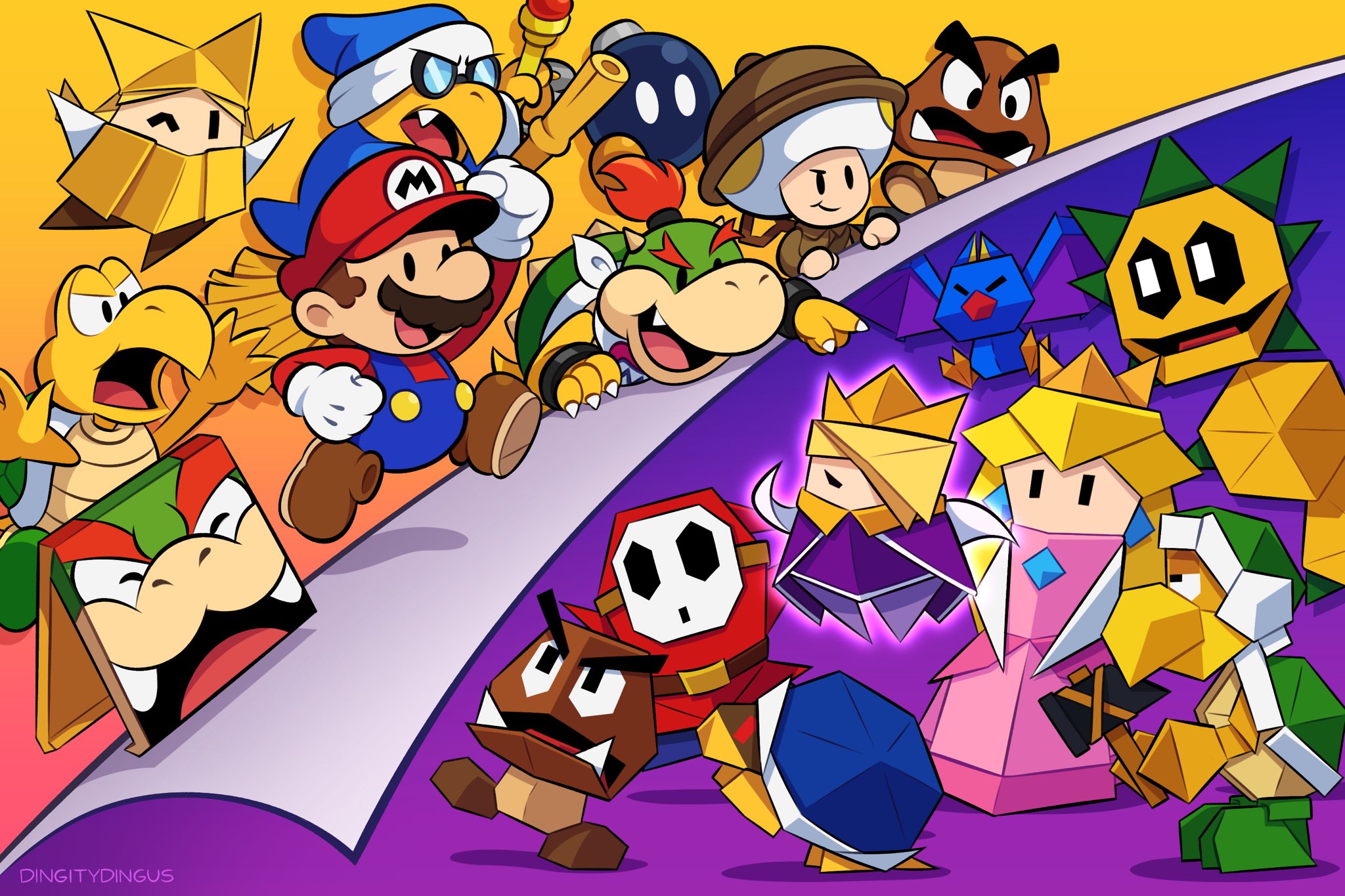 2girls 6+boys :d arm_up artist_name bandana bat_(animal) blue_headwear blue_overalls blue_pants bob-omb bomb bowser bowser_jr. broom broom_riding brown_footwear brown_hair brown_headwear brown_jacket buzzy_beetle claws closed_mouth commentary crown dress earrings english_commentary explosive facial_hair fang full_body furrowed_brow glasses gloves goomba gradient_background green_headwear hair_over_one_eye hammer hammer_bro hat helmet highres holding holding_hammer holding_wand jacket jewelry jumping kamek king_olly koopa_troopa long_hair long_sleeves looking_at_another making-of_available mario mario_(series) mask multiple_boys multiple_girls mushroom mustache nintendo olivia_(paper_mario) one_eye_closed one_eye_covered open_mouth origami overalls pants paper_mario paper_mario:_the_origami_king paper_mario_(character) pink_dress pink_hair pokey_(mario) princess_peach professor_toad_(mario) purple_background red_headwear red_shirt round_eyewear sharp_teeth shell shirt shoes short_hair shy_guy smile solid_oval_eyes spiked_shell spikes swoop_(mario) teeth toad_(mario) turtle_shell tusks v-shaped_eyebrows vinny_(dingitydingus) wand white_bandana white_gloves yellow_background