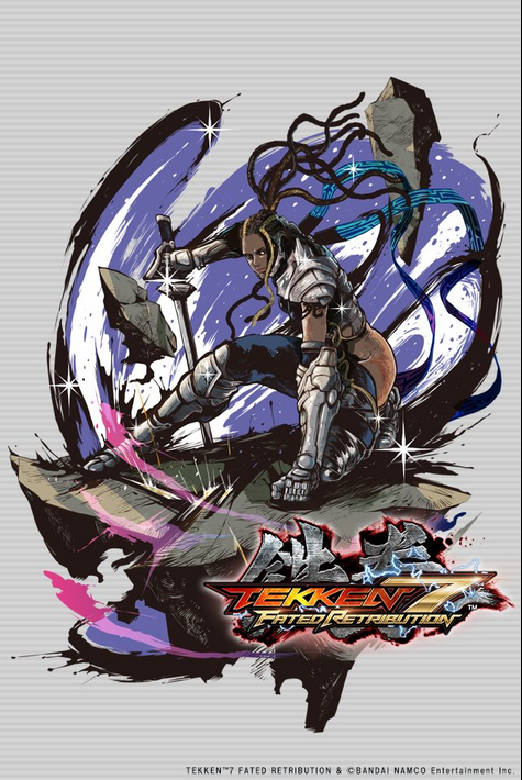 1girl bodysuit breasts copyright_name dark-skinned_female dark_skin female_focus full_body hip_vent jbstyle long_hair master_raven medium_breasts namco ninja official_art on_one_knee planted planted_sword planted_weapon scarf solo sword tekken tekken_7 very_dark_skin weapon