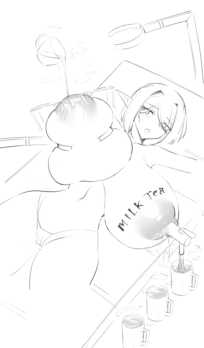 artist_request blush breasts dispenser drooling elf gaping_nipples gigantic_breasts grabbing_another&#039;s_breast groping highres huge_breasts lactation machinery milk milk_tea monochrome navel nipple_faucet nipple_penetration nipples open_mouth pointy_ears spread_nipples thick_thighs thighs topless_female underwear writing_on_breasts