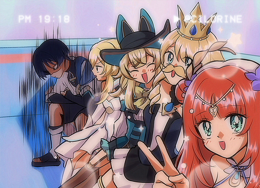 1990s_(style) 1boy 4girls :3 animal_hat aqua_dress aqua_hat aqua_skirt bent_over black_bodysuit black_bridal_gauntlets black_dress black_eyes black_hair black_hat black_leggings black_sandals black_shorts blonde_hair blue_cape blue_eyes blue_sleeves blue_trim blunt_bangs blunt_ends blunt_tresses blush bodysuit bow bridal_gauntlets brooch brown_hair brown_thighhighs cape cat_hat cavalier_hat cilorine circlet closed_eyes closed_mouth collar colored_tips crossed_arms crossed_bangs crown detached_collar double-parted_bangs dress drill_hair drill_sidelocks eyelashes fake_facial_hair fake_mustache fake_screenshot flower frilled_skirt frills garter_belt genshin_impact gold_circlet gold_ring hair_between_eyes hair_bun hair_flower hair_ornament halterneck hand_on_own_arm hat heart heart_hair_ornament japanese_clothes jewelry kimono kirara_(genshin_impact) kirara_(phantom_in_boots)_(genshin_impact) laurel_crown layered_sleeves leg_warmers leggings lens_flare long_sleeves looking_at_another looking_at_viewer looking_down lumine_(genshin_impact) middle_ring motion_lines multicolored_hair multiple_girls navia_(genshin_impact) nilou_(breeze_of_sabaa)_(genshin_impact) nilou_(genshin_impact) open_mouth purple_flower red_hair retro_artstyle sandals scaramouche_(genshin_impact) scarf shaded_face short_hair short_hair_with_long_locks short_sleeves shorts sidelocks single_bare_shoulder single_hair_bun skirt smile star_(symbol) stirrup_legwear strapless strapless_dress tareme thighhighs timestamp toeless_legwear toes turtleneck turtleneck_bodysuit twitter_username two-sided_fabric two-sided_headwear undershirt v vambraces veil vhs_artifacts wanderer_(genshin_impact) white_collar white_dress white_kimono white_leg_warmers white_scarf white_skirt white_sleeves white_thighhighs white_veil yellow_bow zouri