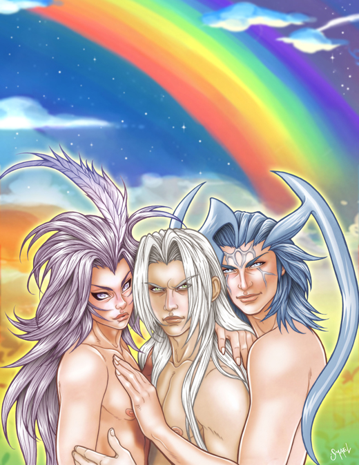 00s 1990s_(style) 3boys blue_hair fabulous final_fantasy final_fantasy_ix final_fantasy_vii final_fantasy_x grey_hair kuja male_focus multiple_boys purple_hair sephiroth seymour_guado yaoi