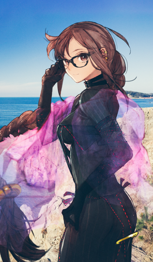 1girl adjusting_eyewear belt_collar black-framed_eyewear black_collar black_dress black_gloves blue_sky braid breasts brown_eyes brown_hair cliff closed_mouth collar commentary cowboy_shot day dress ear_piercing fate/grand_order fate_(series) floating_hair glasses gloves layered_dress long_hair looking_at_viewer medium_breasts multiple_piercings ocean official_art outdoors photo_background piercing pink_shawl pinstripe_dress pinstripe_pattern see-through_clothes see-through_shawl shawl sidelocks single_braid sky smile solo sunlight third-party_source toi8 twisted_torso very_long_hair water yu_mei-ren_(fate) yu_mei-ren_(first_ascension)_(fate)