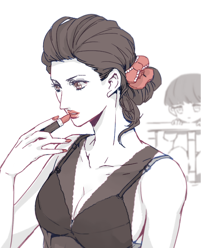 1boy 1girl aged_down alternate_hairstyle applying_makeup bra breasts brown_eyes brown_hair cleavage collarbone cosmetics dress giorno&#039;s_mother giorno_giovanna haruno_shiobana holding holding_lipstick_tube itokichi jojo_no_kimyou_na_bouken lipstick_tube medium_breasts mother_and_son parted_lips pink_lips pink_nails see-through_clothes see-through_dress underwear vento_aureo