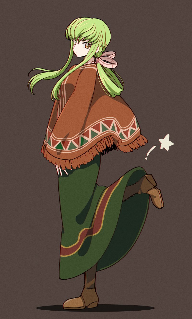 1girl alternate_costume alternate_hairstyle boots braid brown_background brown_boots brown_capelet c.c. capelet closed_mouth code_geass commentary_request creayus fringe_trim from_side full_body green_hair green_skirt hair_ribbon hair_rings highres long_hair long_skirt looking_at_viewer ponytail ribbon side_braid sidelocks simple_background skirt solo standing standing_on_one_leg white_ribbon yellow_eyes