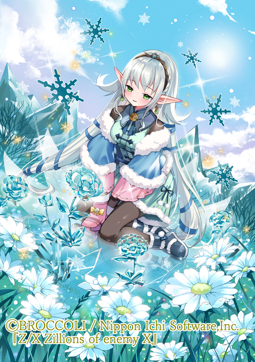 07touka25 black_pantyhose breasts dutch_angle earrings fur_trim green_eyes grey_hair highres ice_flower jewelry light_blush long_hair medium_breasts mittens on_one_knee pantyhose pink_mittens pointy_ears snowflakes z/x