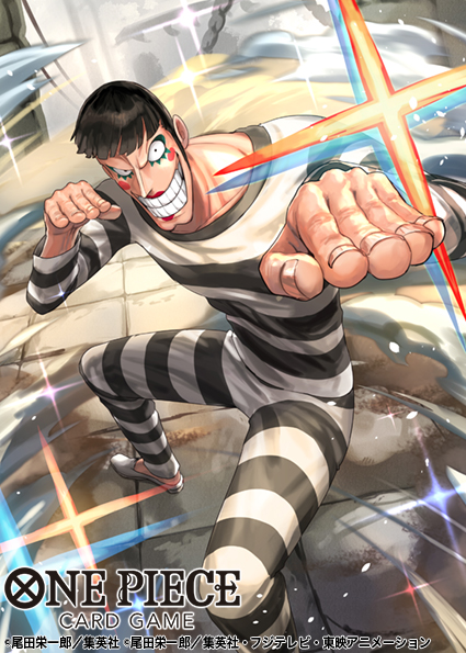 1boy black_hair blunt_bangs bon_clay commentary_request copyright_name long_sleeves looking_at_viewer makeup male_focus official_art one_piece one_piece_card_game pants phima shirt short_hair sideburns smile smoke solo sparkle striped_clothes striped_pants striped_shirt white_footwear