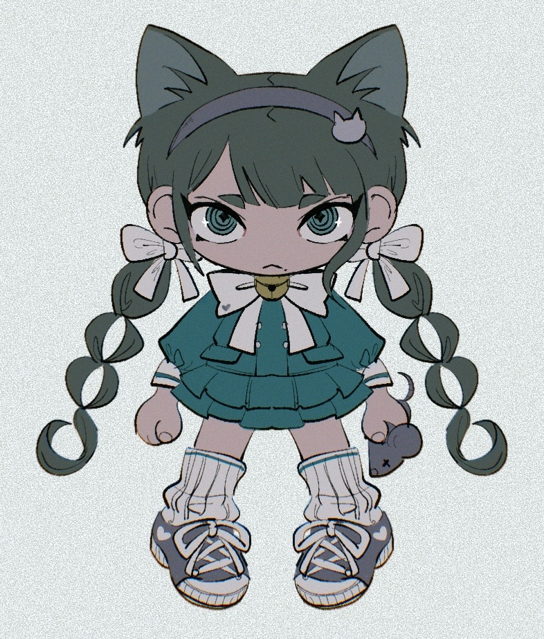 1girl animal animal_ears bell bow bowtie buttons cat_ears cat_hair_ornament chabashira_tenko chibi clenched_hand danganronpa_(series) danganronpa_v3:_killing_harmony double-breasted drill_hair frown full_body green_shirt green_skirt grey_background hair_bow hair_ornament hairband heart holding holding_animal layered_skirt long_hair long_sleeves looking_at_viewer miniskirt mouse_(animal) neck_bell pink_hairband pleated_skirt sema_(vivaviva_02) shirt shoes simple_background skirt socks solo twin_drills twintails white_bow white_bowtie