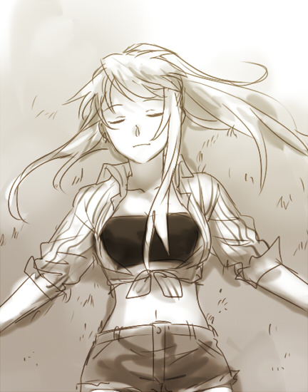 1girl bandeau breasts closed_eyes collared_shirt expressionless facing_viewer female_focus fullmetal_alchemist gradient_background grass grey_background light_smile long_hair long_sleeves lying monochrome navel on_back outdoors ponytail riru sepia shirt shorts simple_background solo tank_top upper_body white_background winry_rockbell