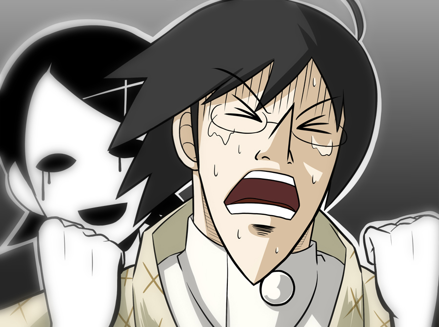 1boy 1girl akagi akagi:_yami_ni_oritatta_tensai aoinu closed_eyes fukumoto_mahjong fuura_kafuka glasses hair_ornament hirayama_yukio itoshiki_nozomu looking_back mask parody rimless_eyewear sayonara_zetsubou_sensei tears upper_body wince x_hair_ornament you_gonna_get_raped