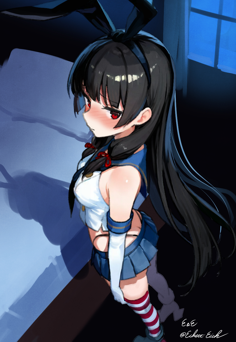 1girl artist_name ass bedroom black_hair black_hairband black_neckerchief black_panties blue_sailor_collar blue_skirt cosplay crop_top eckert&amp;eich elbow_gloves from_above from_behind gloves hairband highleg highleg_panties highres isokaze_(kancolle) kantai_collection long_hair looking_at_viewer looking_back microskirt miniskirt neckerchief one-hour_drawing_challenge panties pleated_skirt red_eyes sailor_collar shimakaze_(kancolle) shimakaze_(kancolle)_(cosplay) shirt skirt sleeveless sleeveless_shirt solo striped_clothes striped_thighhighs thighhighs twitter_username underwear white_gloves window