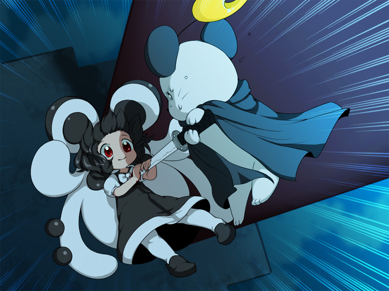 1boy 1girl animal_ears black_cape black_dress black_ears black_footwear black_hair cape cat cloud dress falling holding holding_sword holding_weapon impaled kaiketsu!_nekoashi_otome-chan messier_number moon nekojita_nekozukin omochi-chan_(towelket_one_more_time) red_eyes ribbon sky sword towelket_wo_mou_ichido weapon whiskers