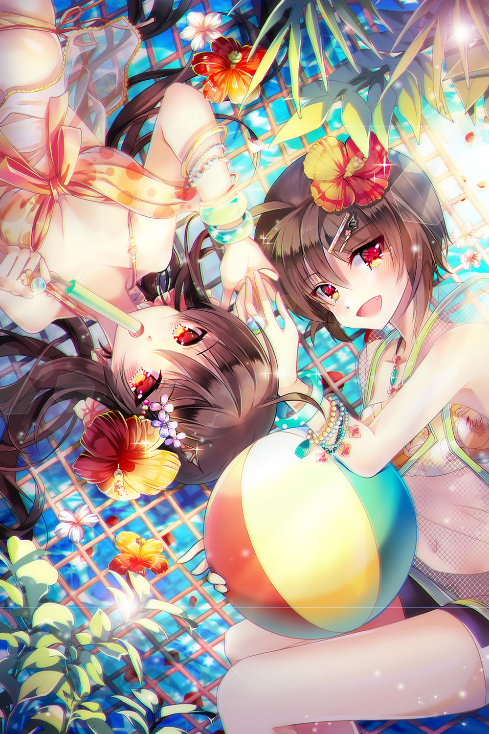 2girls ball beachball bikini bracelet brown_hair fang flower food hair_flower hair_ornament highres holding holding_food holding_popsicle jewelry long_hair looking_at_viewer multiple_bracelets multiple_girls navel open_mouth orange_flower palm_leaf popsicle red_eyes rion_flina short_hair shorts sian_(jred344) sion_flina swimsuit sword_girls water white_flower