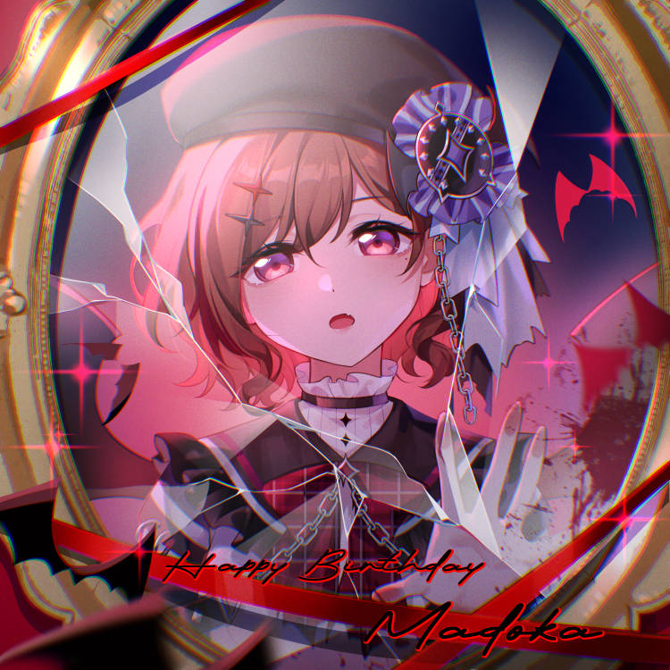 1girl beret black_hat broken_mirror brown_hair commentary_request fang happy_birthday hat higuchi_madoka idolmaster idolmaster_shiny_colors looking_at_viewer mirror official_alternate_costume open_mouth purple_eyes reaching reaching_towards_viewer reflection reflection_focus shirt skin_fang solo starringooo upper_body white_shirt