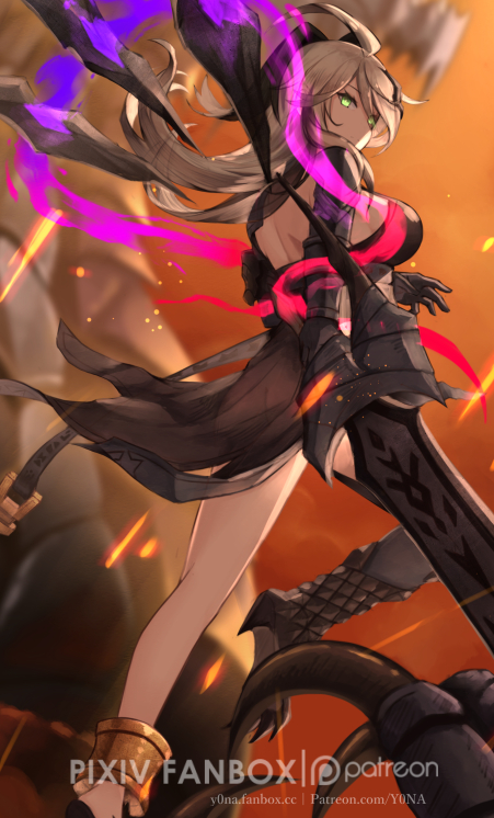 1girl ahoge back black_gloves breasts closed_mouth dragalia_lost gloves green_eyes grey_hair holding holding_sword holding_weapon large_breasts legs long_hair looking_at_viewer looking_back official_alternate_costume see-through_clothes solo sword weapon yona_(illusty0na) zethia