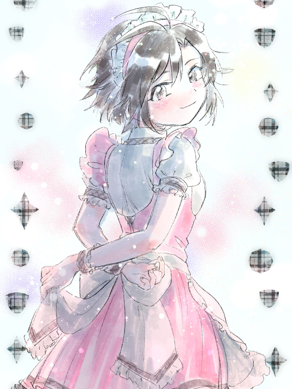 1girl antenna_hair apron black_hair blush dress en_trtr grey_eyes idolmaster idolmaster_million_live! idolmaster_million_live!_theater_days kikuchi_makoto light_blush looking_at_viewer looking_back maid_apron maid_headdress official_alternate_costume parted_bangs pink_dress pretty_waitress_(idolmaster) short_hair sidelocks wrist_cuffs