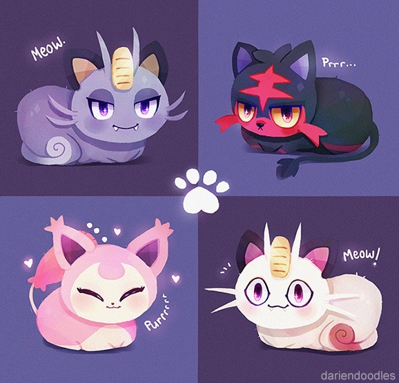 alolan_form alolan_meowth animal animal_focus blush cat closed_eyes closed_mouth colored_sclera dariendoodles gen_1_pokemon gen_3_pokemon gen_7_pokemon litten looking_at_viewer lying meowth nintendo pawpads pokemon pokemon_(creature) skitty smile whiskers yellow_sclera