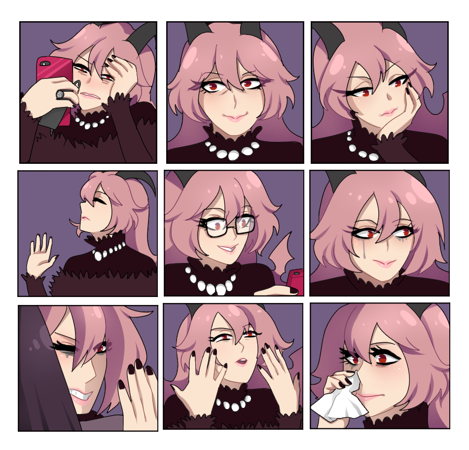 1girl black_dress demon_girl demon_horns dress multiple_expressions funamusea gallaxi horns jewelry lil_(funamusea) long_hair necklace pearl_necklace pink_hair red_eyes solo