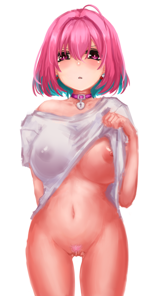 1girl ahoge animal_collar aqua_hair arm_behind_back blush bob_cut bottomless breasts clothes_lift collar colored_pubic_hair covered_erect_nipples cowboy_shot groin highres hu_sea idolmaster idolmaster_cinderella_girls large_breasts lifting_own_clothes looking_at_viewer multicolored_hair navel nipples pink_hair pink_pubic_hair shirt shirt_lift simple_background solo stomach two-tone_hair white_background white_shirt yumemi_riamu