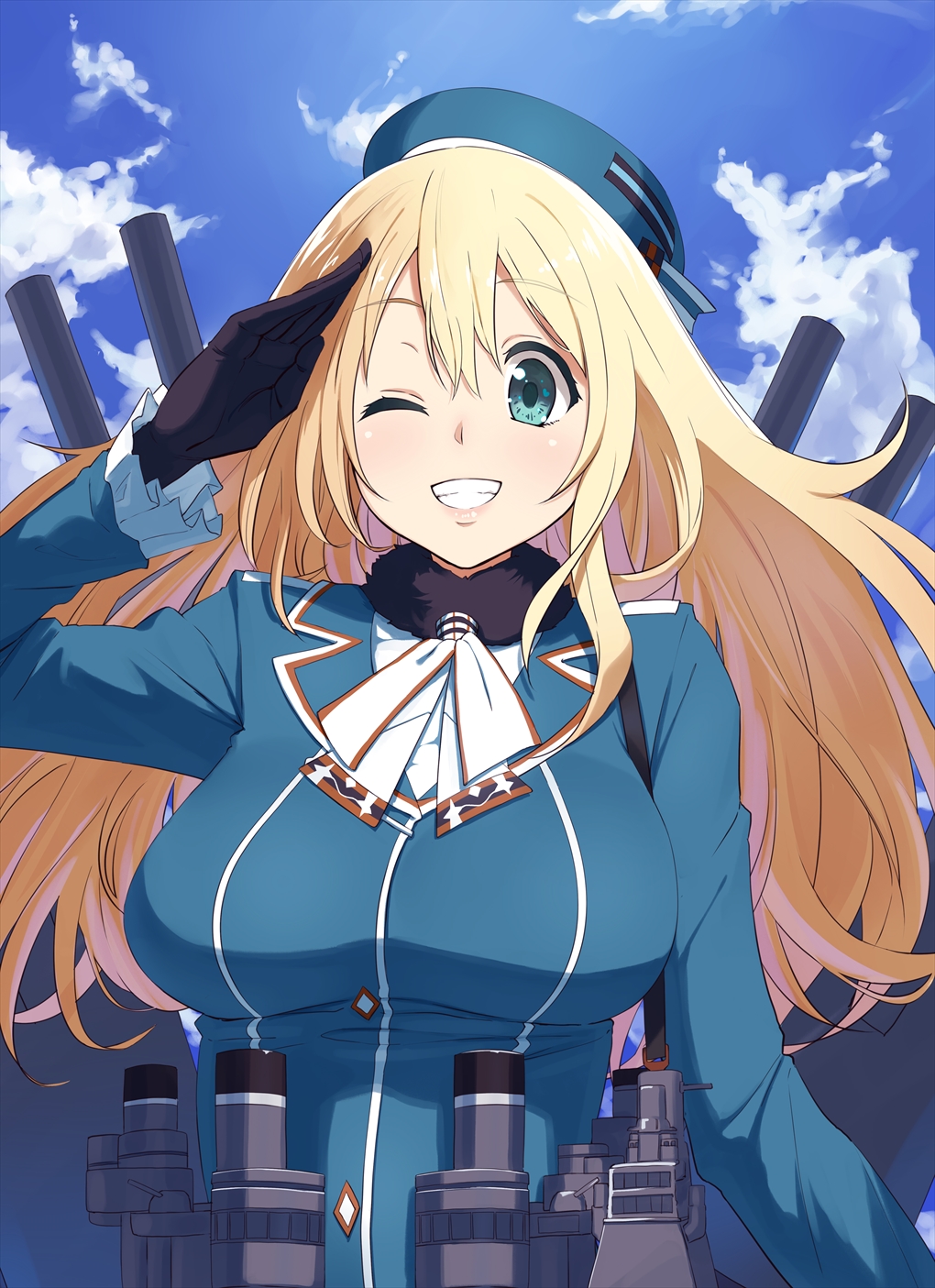 10s 1girl atago_(kancolle) bad_id bad_pixiv_id blonde_hair blue_eyes breasts female_focus gloves grin hat highres kantai_collection kurinton large_breasts long_hair looking_at_viewer machinery omaru_gyuunyuu one_eye_closed salute ship_turret smile solo
