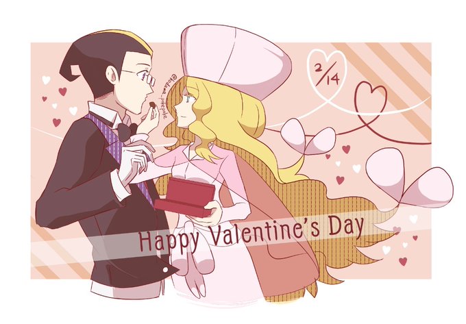 1boy 1girl blonde_hair bow bowtie box caitlin_(pokemon) candy cape chocolate chocolate_heart cropped_torso darach_(pokemon) dress food glasses happy_valentine heart heart_of_string holding holding_box kodama_pokepoke long_hair multicolored_hair nintendo pink_headwear pokemon pokemon_bw pokemon_dppt pokemon_platinum see-through_cape signature two-tone_hair valentine very_long_hair white_dress