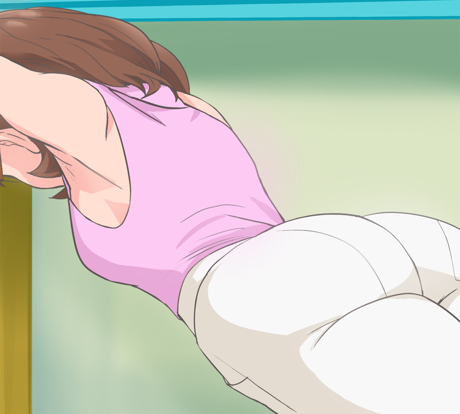 1girl armpits ass breasts brown_hair glasses haruyama_kazunori indoors medium_breasts pants pink_shirt precure sakuragawa_saki shirt short_hair sleeveless sleeveless_shirt solo standing tropical-rouge!_precure white_pants