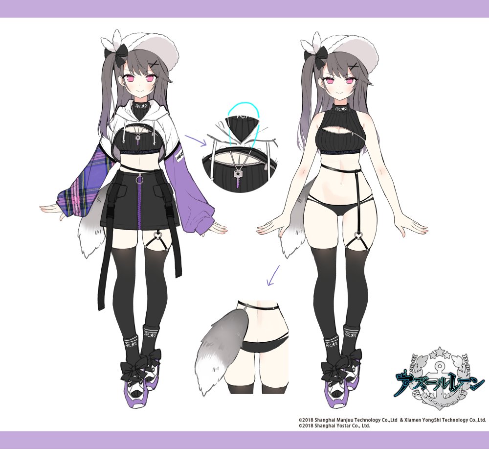 1girl azur_lane black_bow black_hair black_panties black_thighhighs bow byulzzi reference_sheet hair_bow hair_ornament hat logo long_hair looking_at_viewer multicolored_hair official_alternate_costume one_side_up pamiat_merkuria_(azur_lane) pamiat_merkuria_(chic_and_cheeky)_(azur_lane) panties pink_eyes purple_footwear purple_shrug shrug_(clothing) simple_background swept_bangs thighhighs two-tone_shrug underwear white_hat white_shrug x_hair_ornament