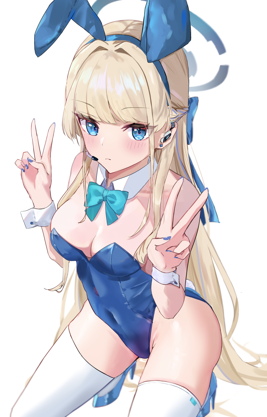1girl animal_ears aqua_bow aqua_bowtie bare_shoulders blonde_hair blue_archive blue_bow blue_eyes blue_footwear blue_halo blue_leotard blue_nails blush bow bowtie breasts cleavage closed_mouth commentary covered_navel detached_collar double_v earpiece expressionless fake_animal_ears fake_tail full_body hair_bow hair_intakes halo high_heels highres hiragi_1014 leotard long_hair looking_at_viewer medium_breasts nail_polish official_alternate_costume playboy_bunny rabbit_ears rabbit_tail sidelocks simple_background solo squatting strapless strapless_leotard tail thighhighs toki_(blue_archive) toki_(bunny)_(blue_archive) v very_long_hair white_background white_thighhighs wing_collar wrist_cuffs